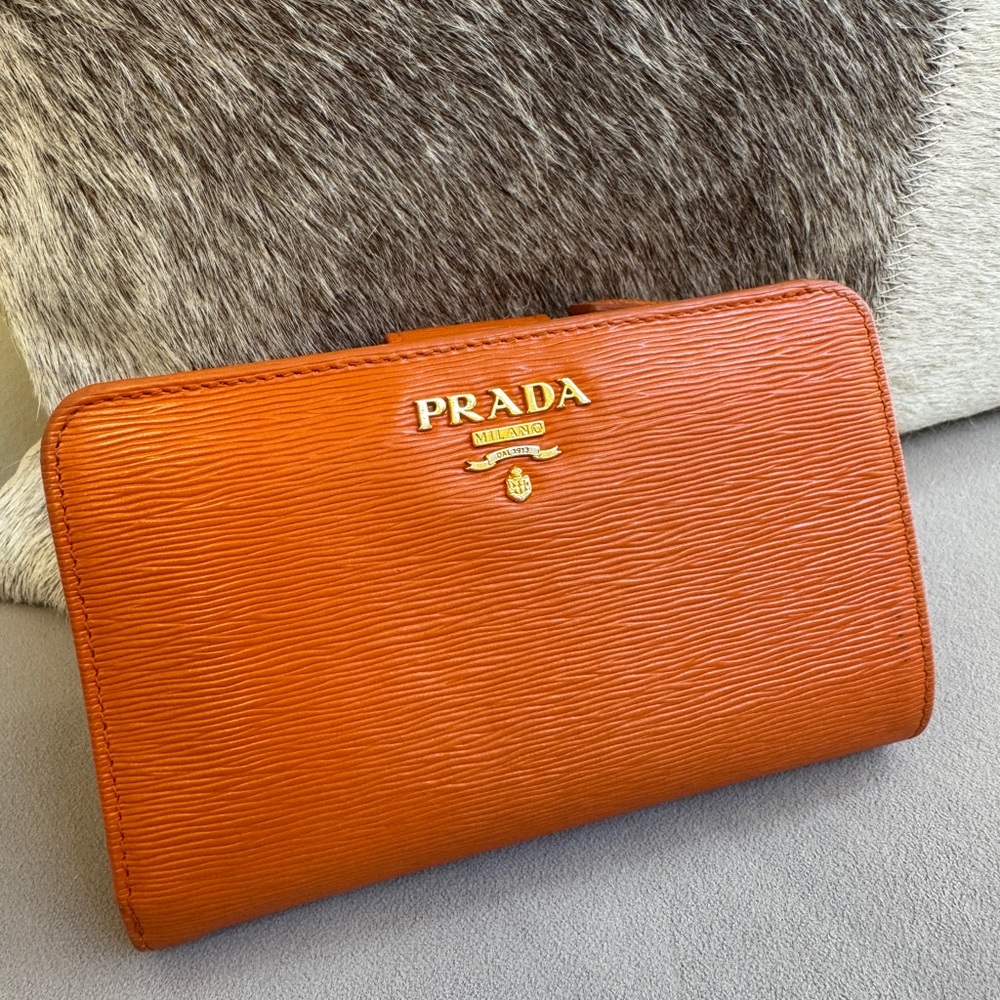 Prada Vitello Move Leather Wallet Papaya with Gold Accents